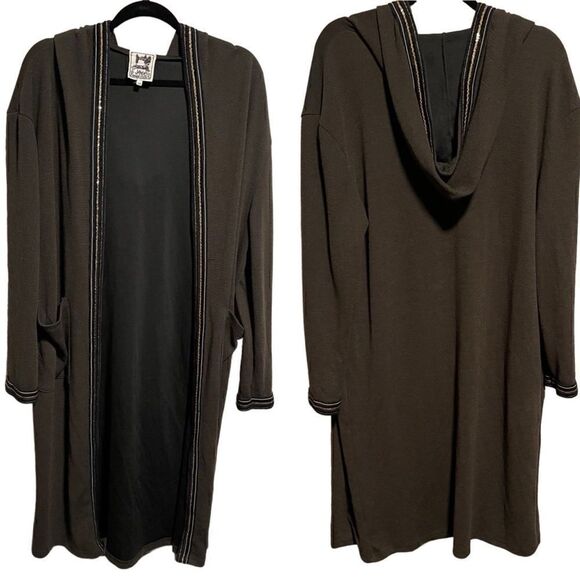 Jaase- Oversized Long Hooded Cardigan Open Front Sweater Olive Green Size XS - Picture 2 of 13